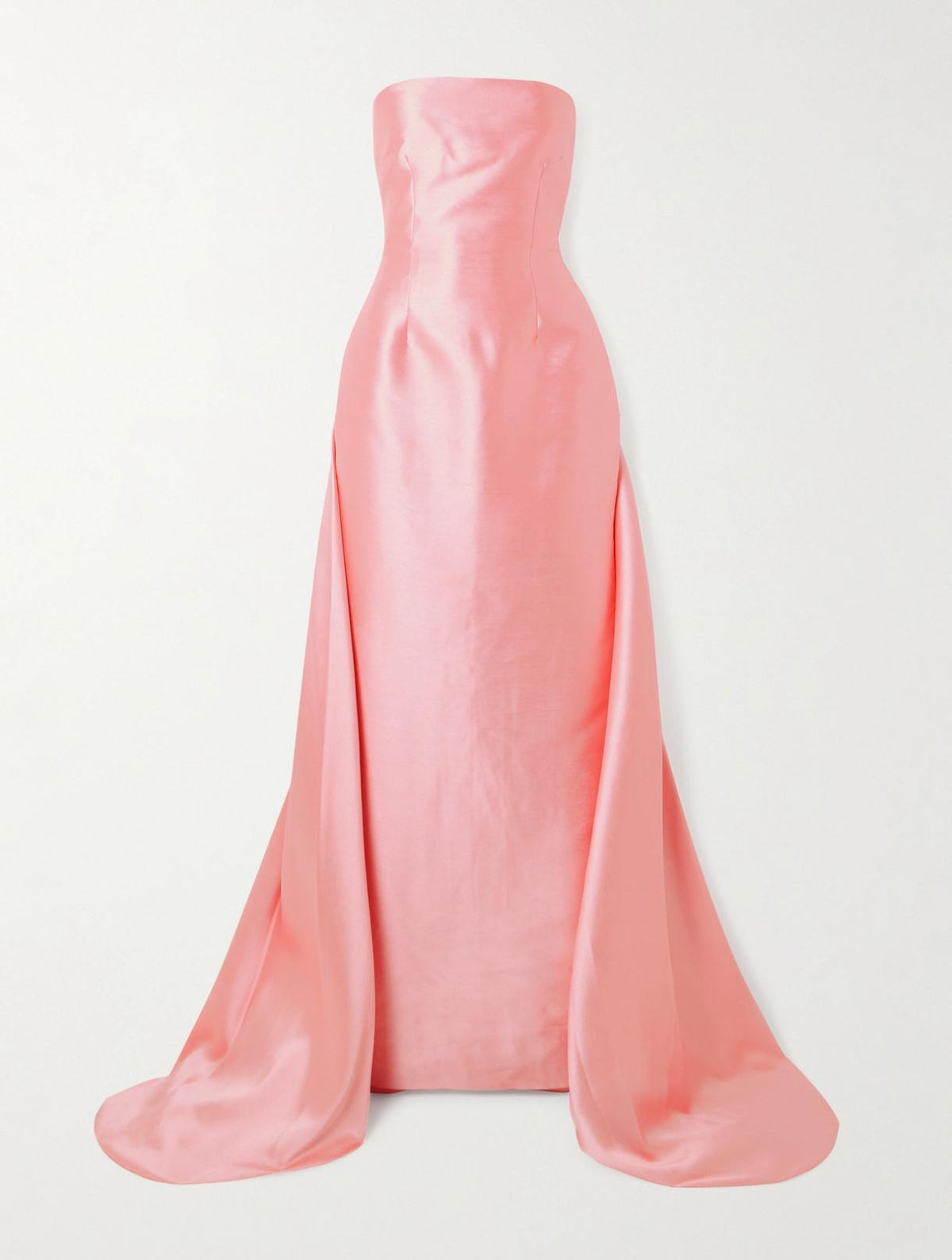 Pink strapless satin floor-length gown with a detachable demi train and structured silhouette.