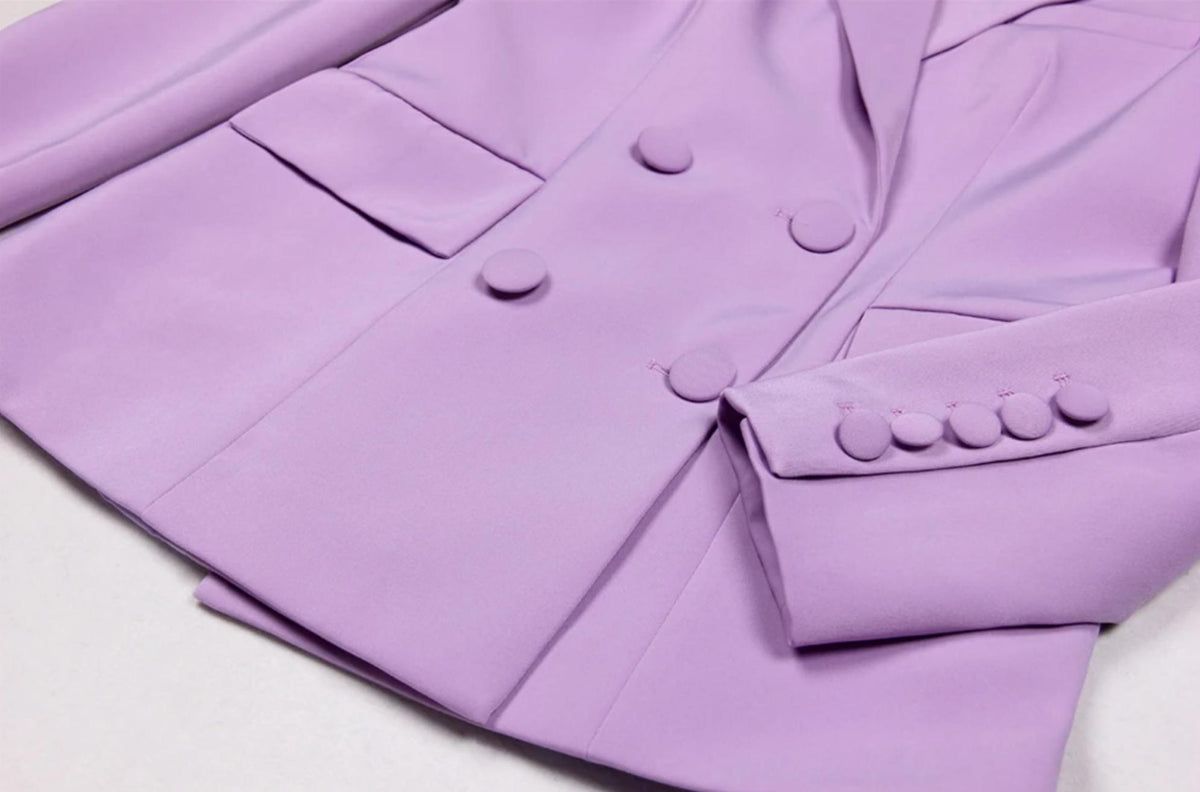 Lavender double-breasted Italian satin blazer with matching fabric buttons and tailored cuffs.