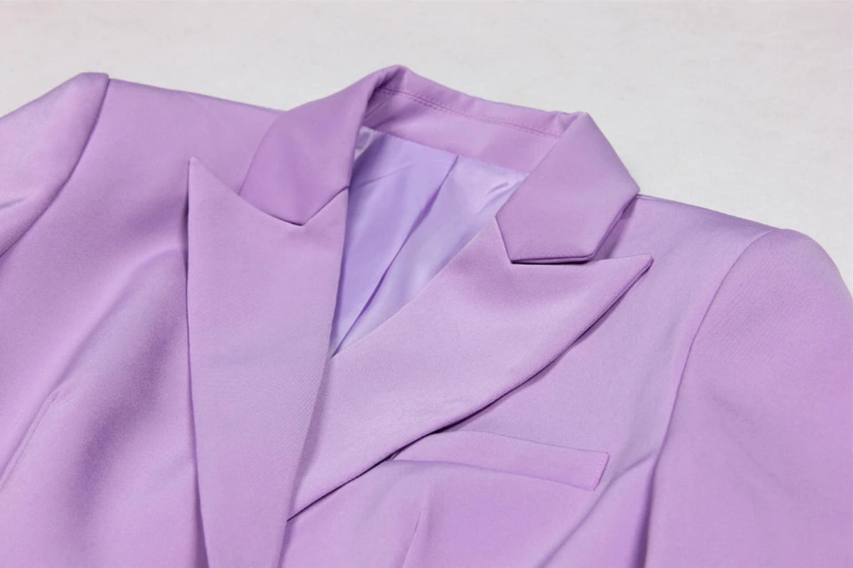 Lavender Italian satin double-breasted blazer with sharp lapels and full lining from The Mulia two-piece suit.