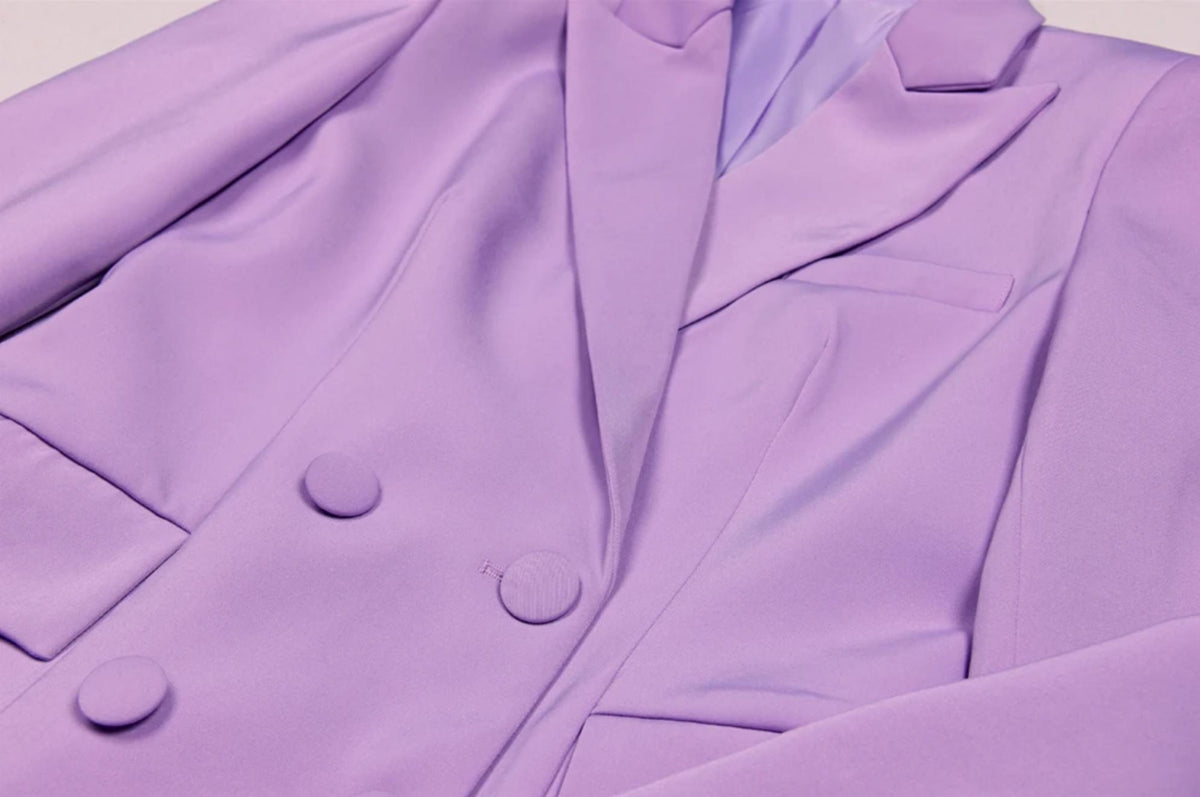 Lavender Italian satin double-breasted blazer with tailored lapels and matching fabric-covered buttons.