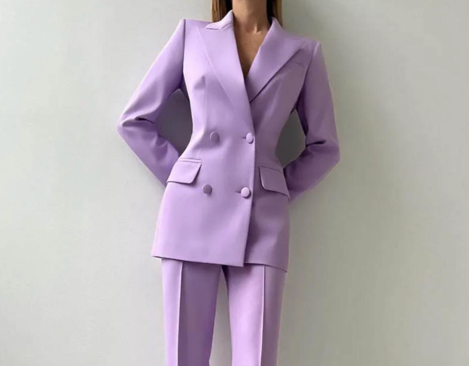 Lavender Italian satin double-breasted suit with a tailored blazer and matching trousers.