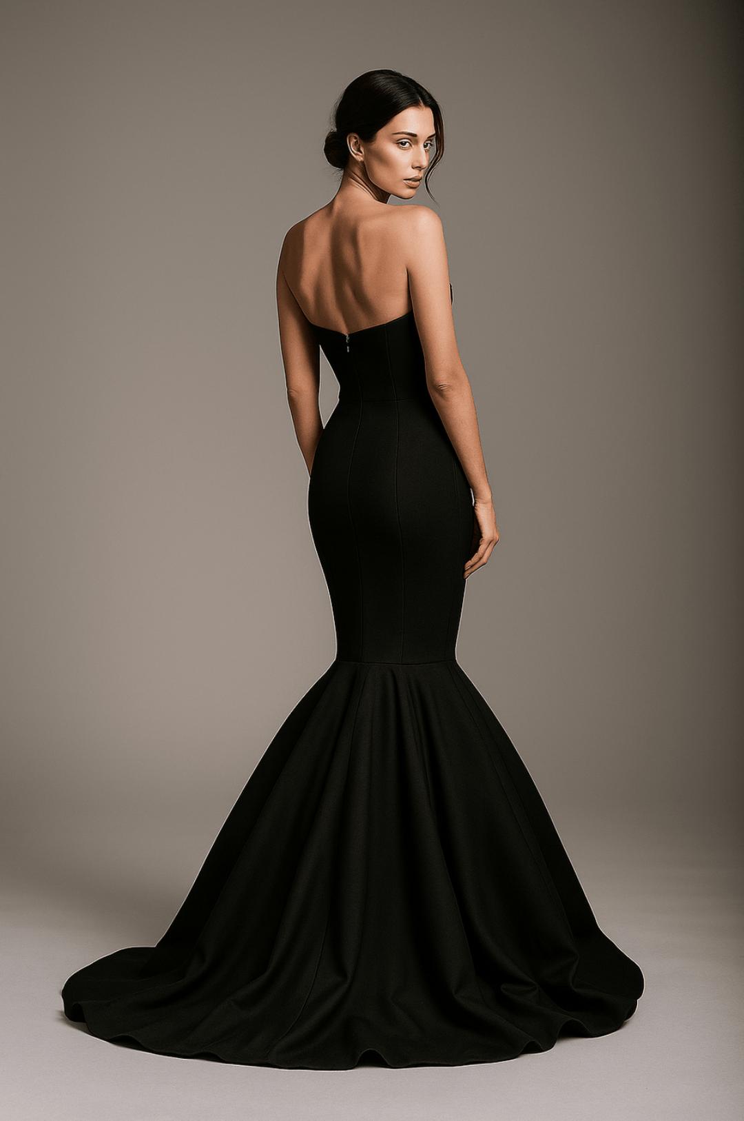 Elegant black mermaid gown with a sweetheart neckline and sweep train in luxurious satin.