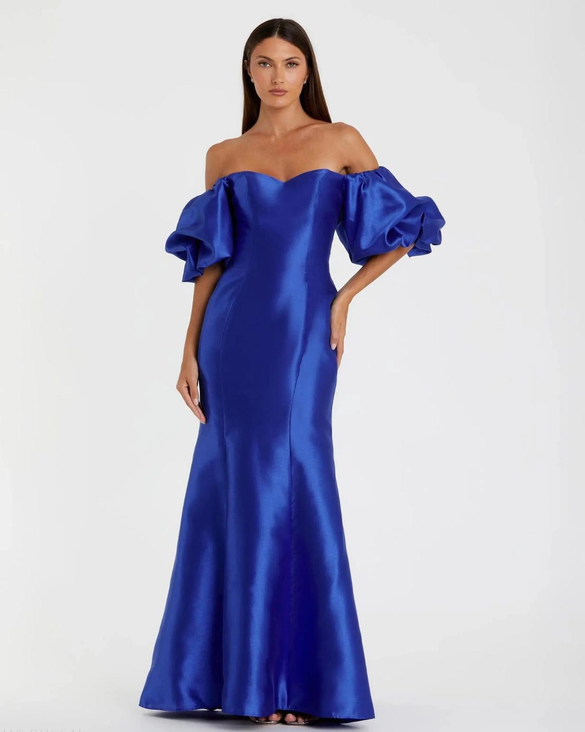Royal blue satin gown with an off-the-shoulder neckline and dramatic puff sleeves in a floor-length silhouette.