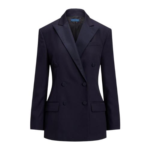 Navy blue double-breasted blazer with peak lapels and button closure in breathable cotton twill.
