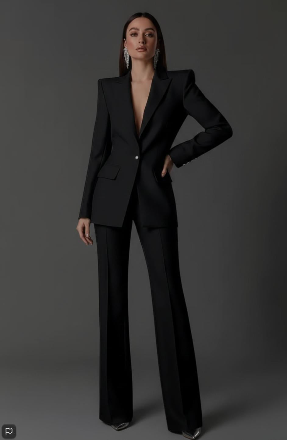 Model wearing a black Italian satin single-breasted blazer and slim-fit trousers with a sharp, tailored silhouette.