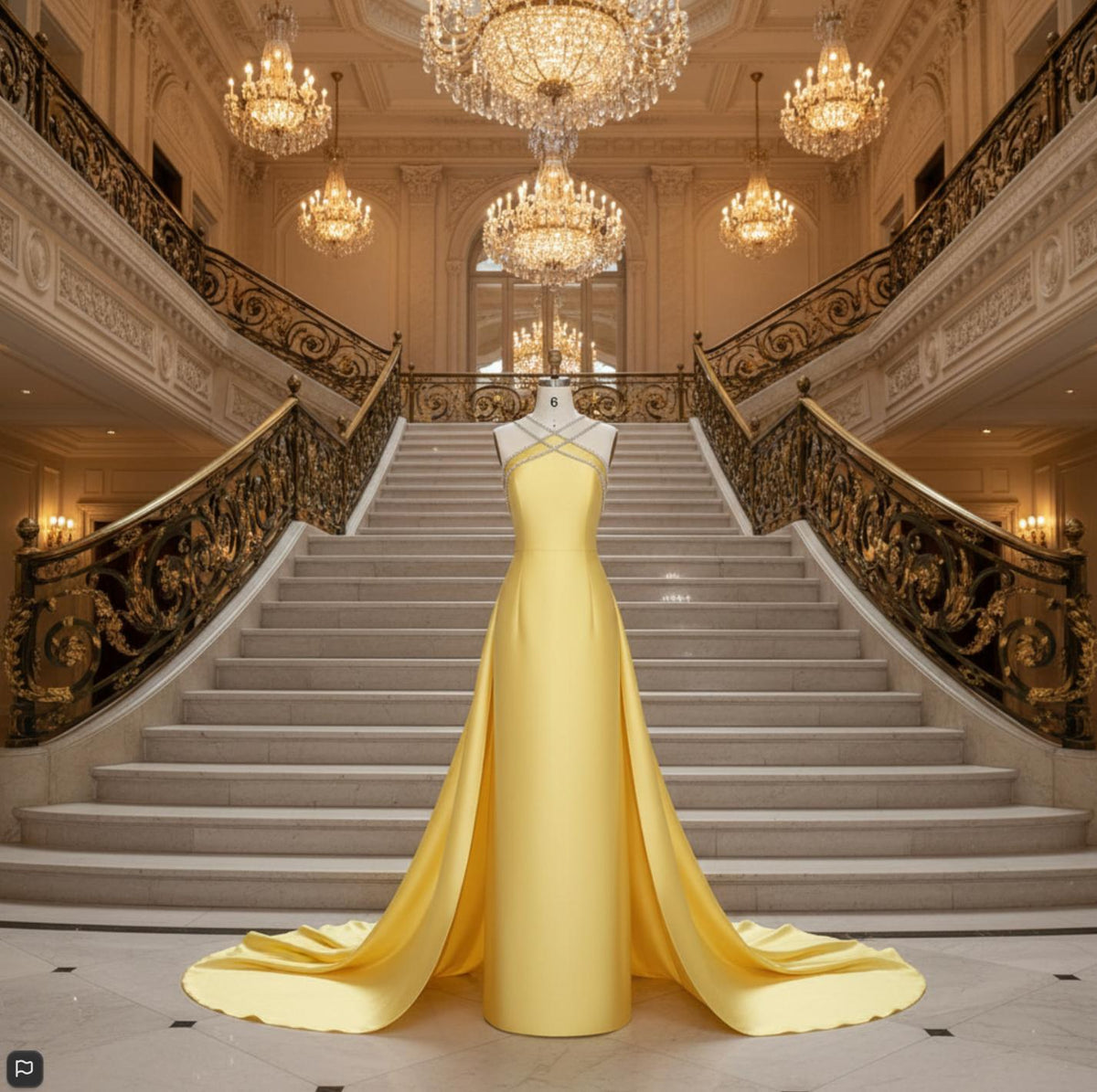 Yellow satin formal evening gown with a dramatic overskirt, crystal-beaded halter neckline, and floor-length train.