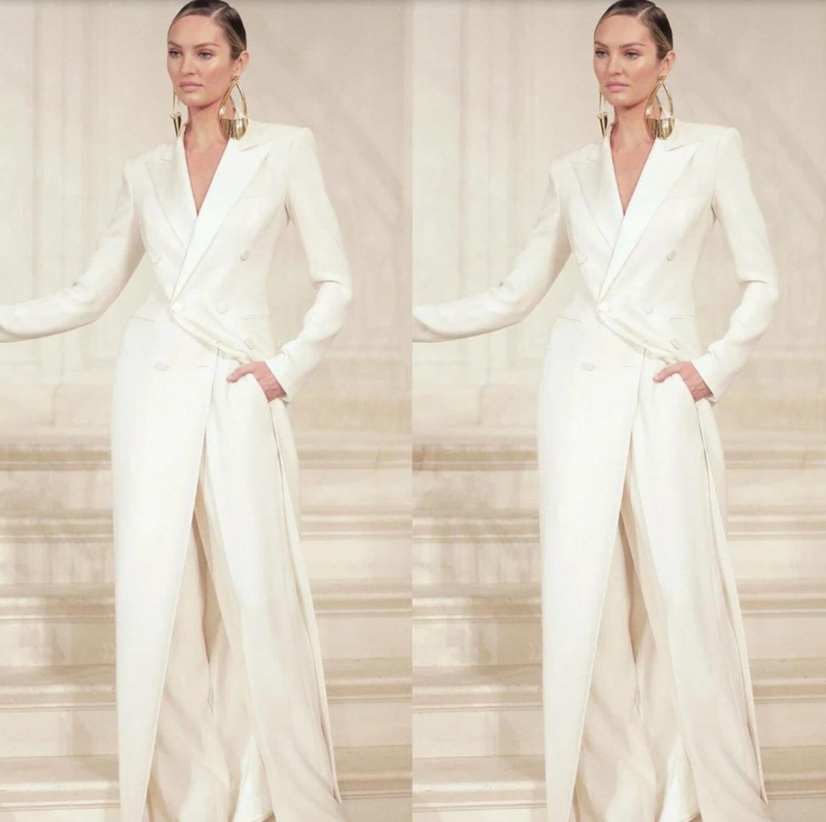 Woman wearing a pristine white Wolfsburg suit set with a long double-breasted blazer and wide-leg trousers.