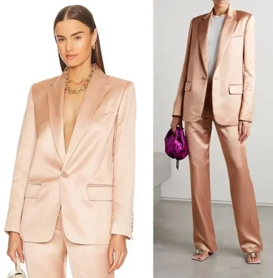 Champagne satin two-piece suit featuring a single-button notch lapel blazer and tailored trousers for a polished look.