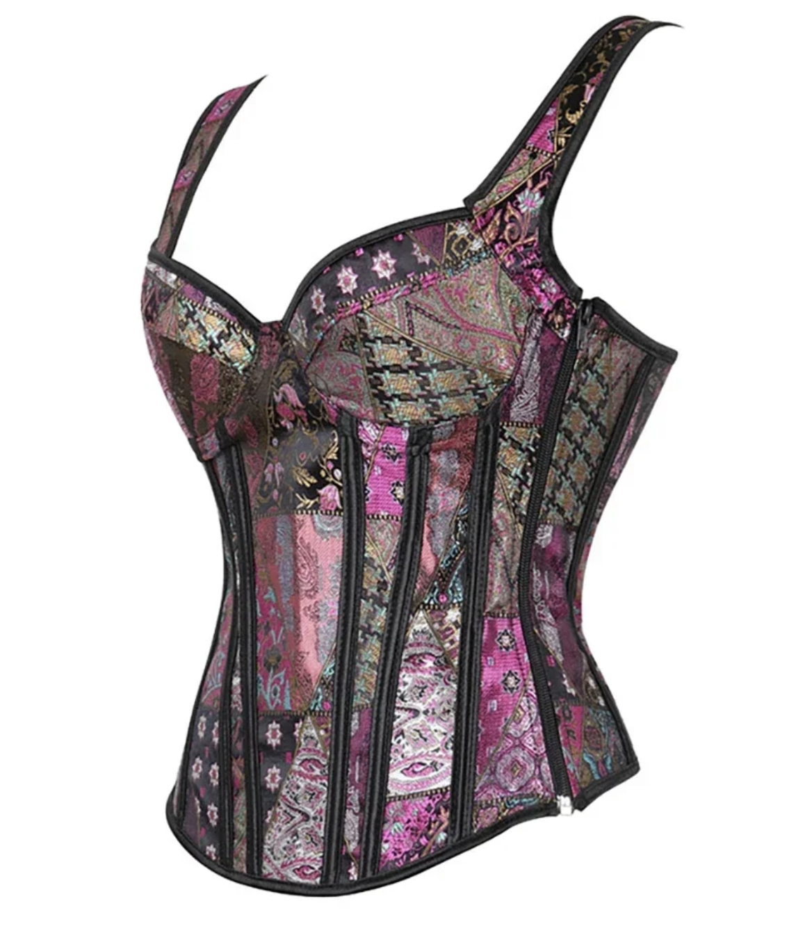 Yana black jacquard overbust corset with pink patterned panels, structured boning, and side zipper closure.