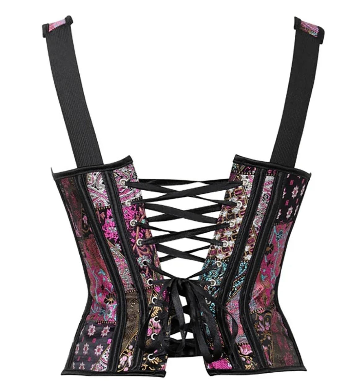 Black overbust corset with pink and blue jacquard pattern, featuring structured boning and adjustable front lace-up closure.