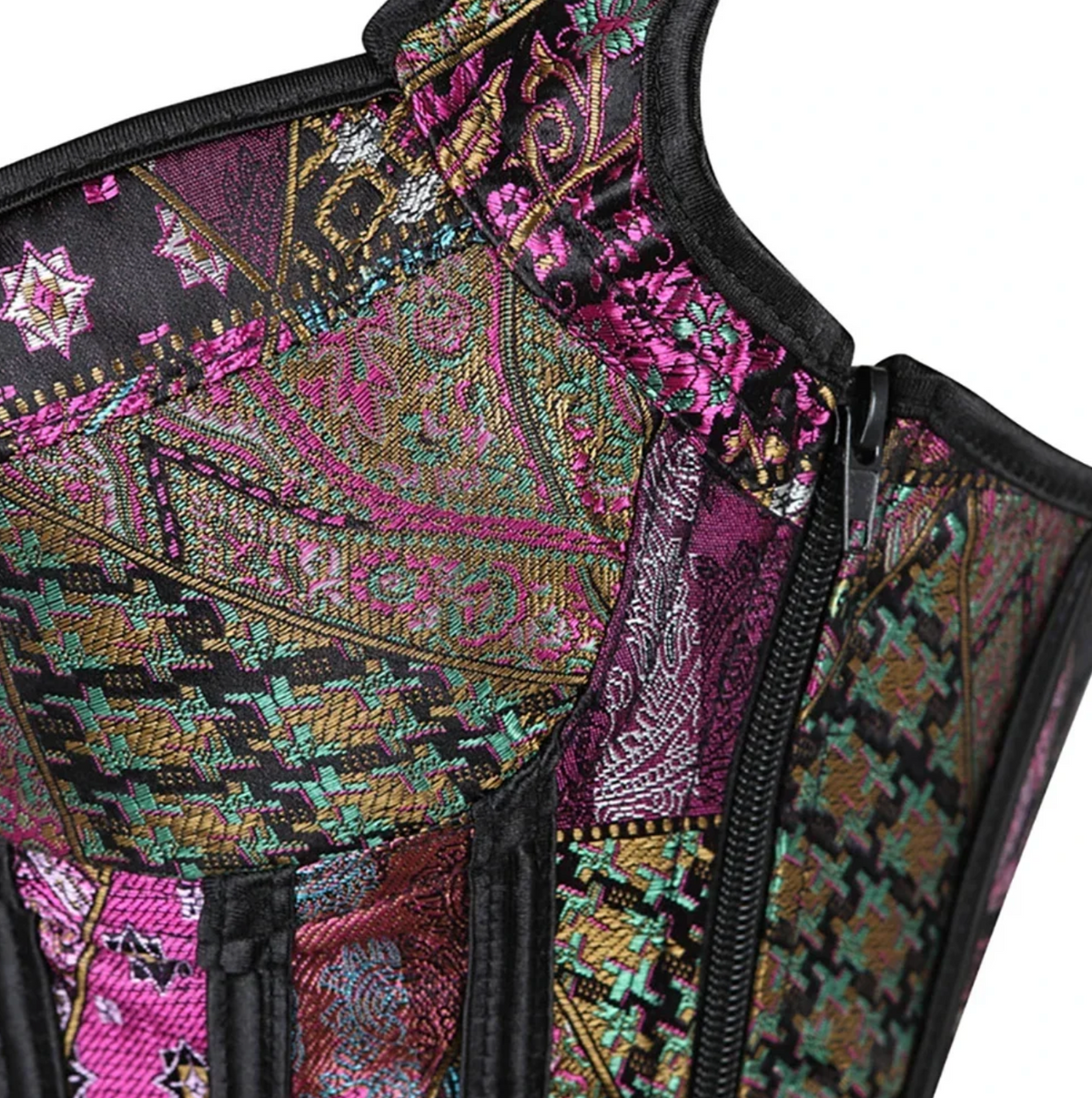 Black jacquard overbust corset with vibrant purple, gold, and teal patterned fabric and a side zipper closure.