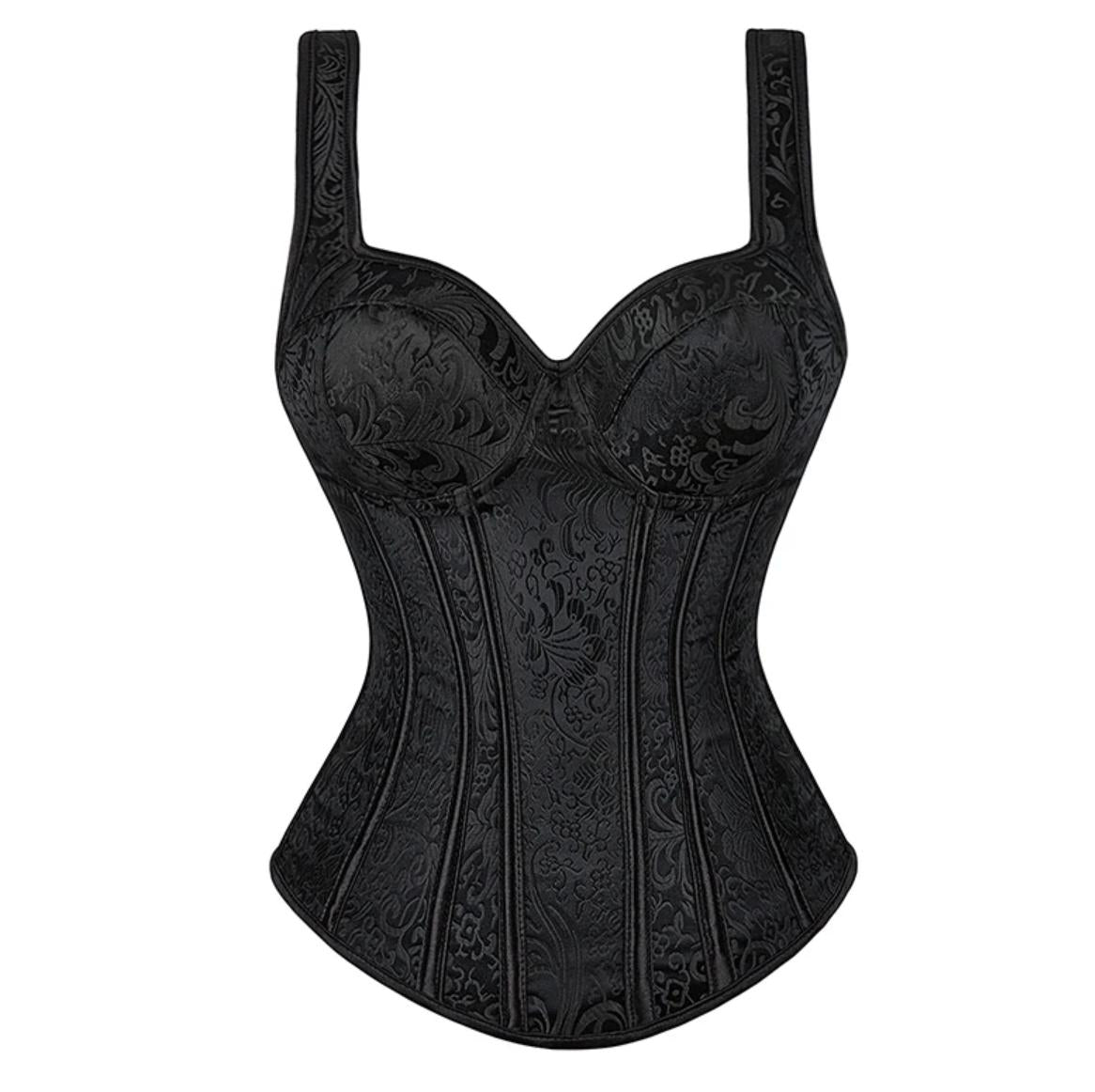 Black jacquard overbust corset with structured boning, wide straps, and a sweetheart neckline for a bold, alternative look.