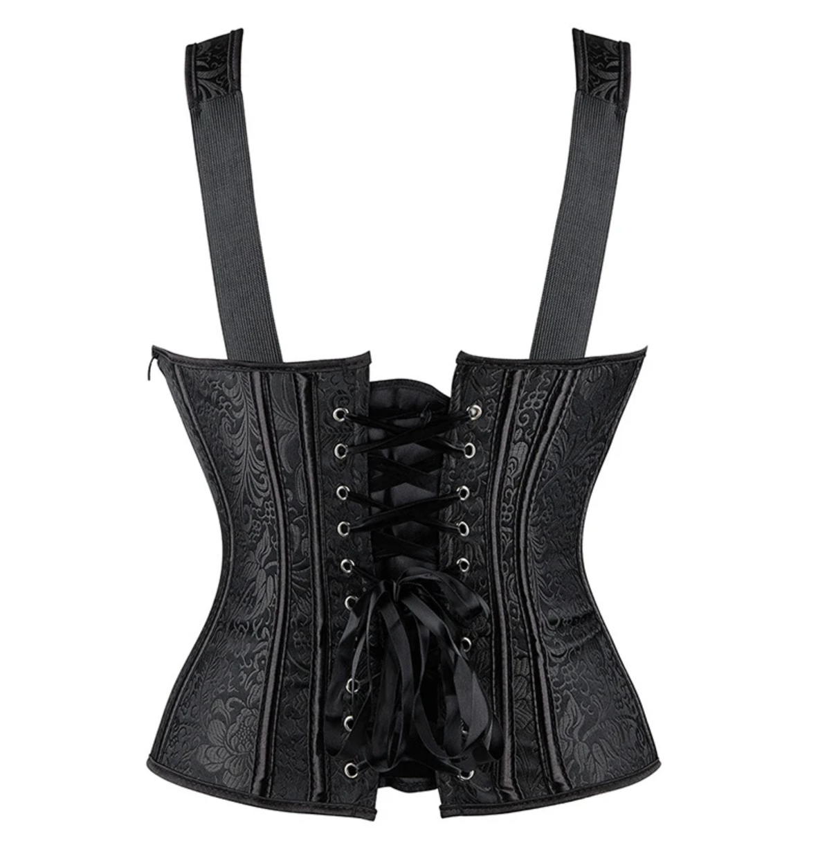 Black jacquard overbust corset with structured boning, wide shoulder straps, and an adjustable front lace-up closure.