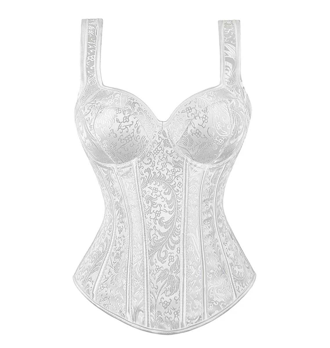 White jacquard overbust corset with structured boning, wide straps, and intricate floral patterns for a vintage aesthetic.