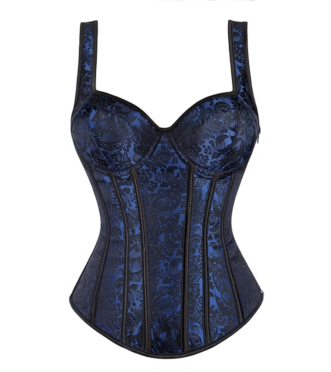 Yana black and blue jacquard overbust corset with structured boning, wide straps, and a side zipper closure.