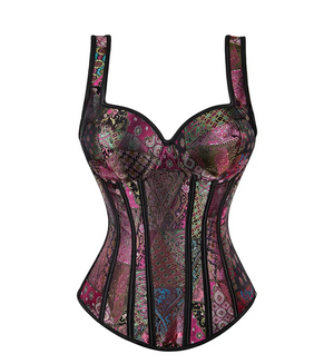 Yana black overbust corset with structured boning and a vibrant, multicolored jacquard patterned fabric.