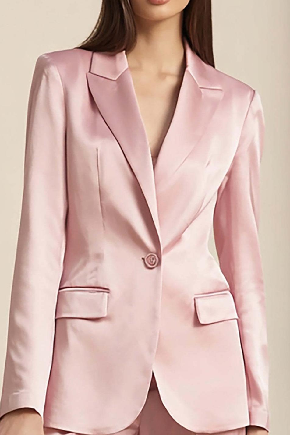 Slim-fit light pink satin office blazer with a sharp peak lapel and single-button closure.