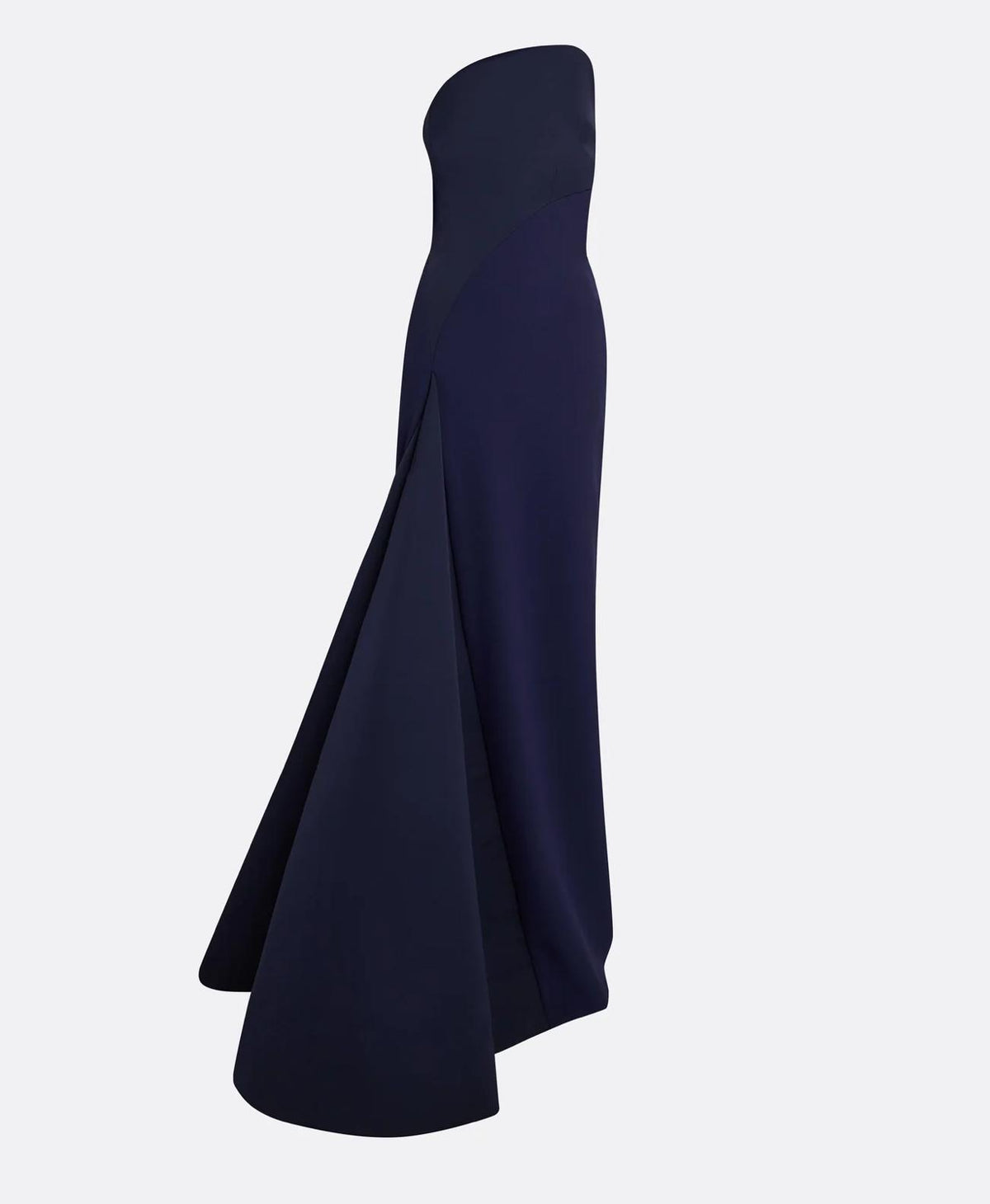 Elegant dark blue strapless mermaid gown in luxurious taffeta with a floor-length silhouette and side slit.