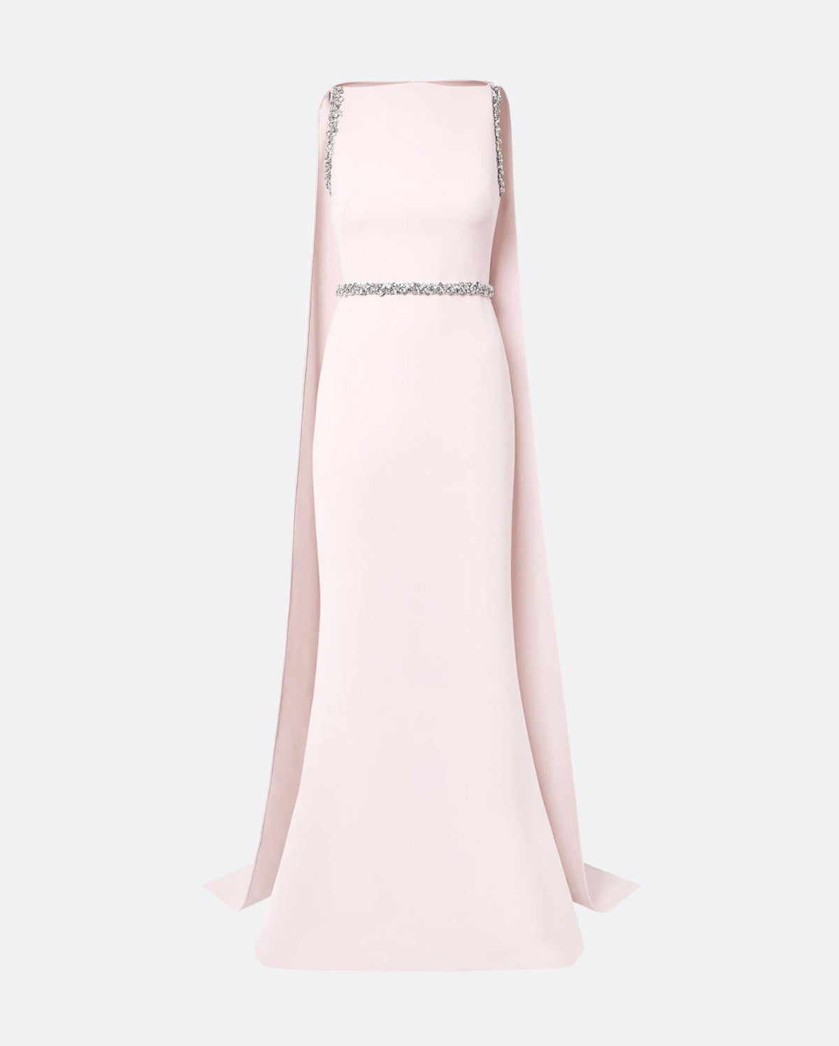 Pale pink floor-length crepe gown with a dramatic split cape and intricate multi-pastel crystal waist and shoulder detailing.