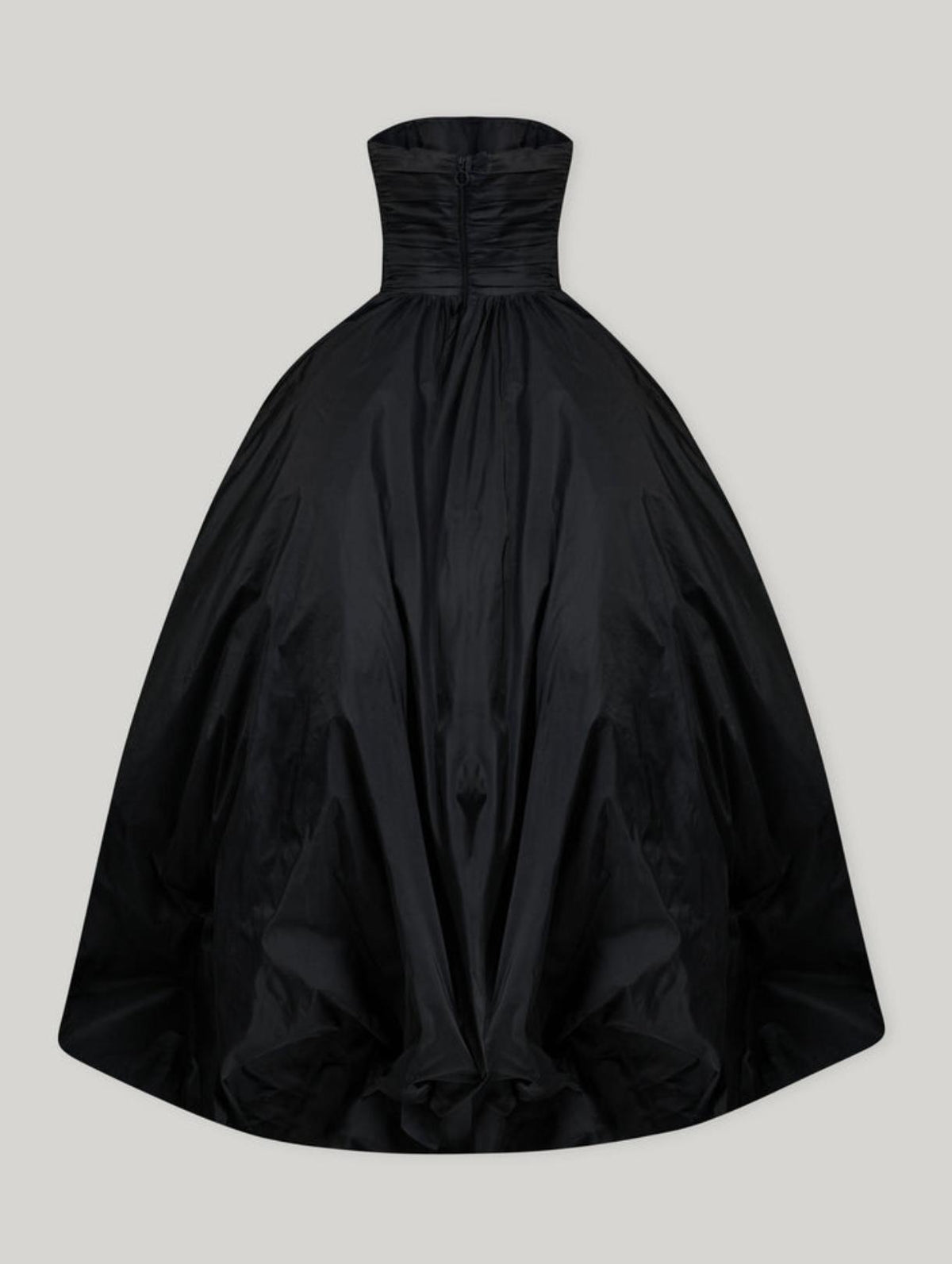 Black strapless taffeta A-line gown with a ruched bodice, back zipper closure, and a voluminous, sweeping skirt.