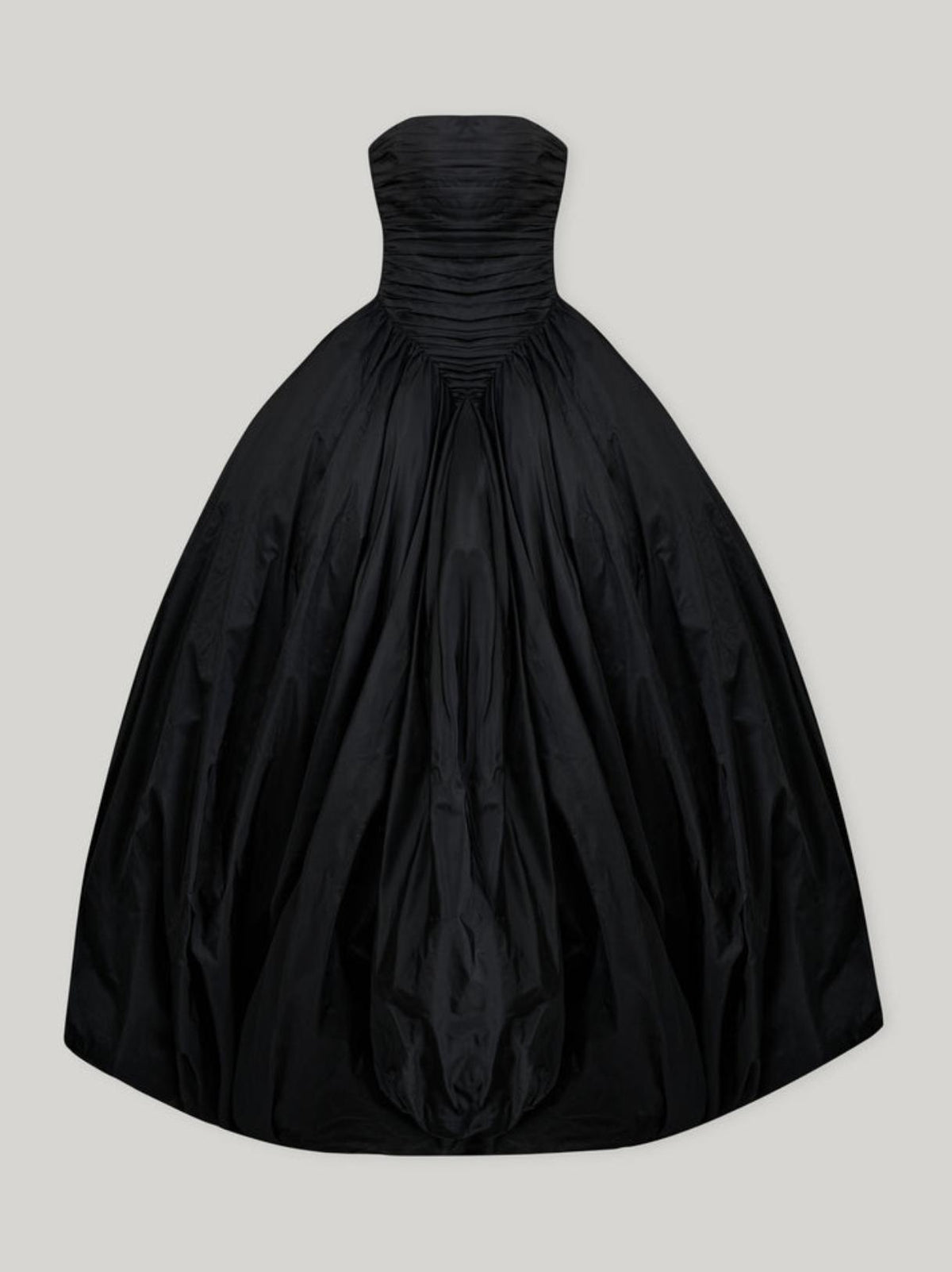 Black strapless taffeta A-line gown with a ruched bodice and voluminous floor-length skirt for formal occasions.