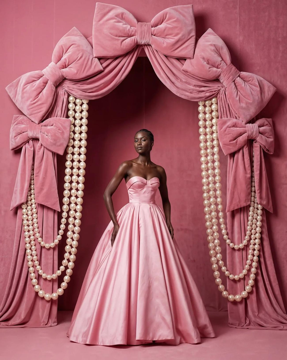 Regent pink satin floor-length gown with a strapless princess silhouette and A-line skirt against a velvet bow backdrop.
